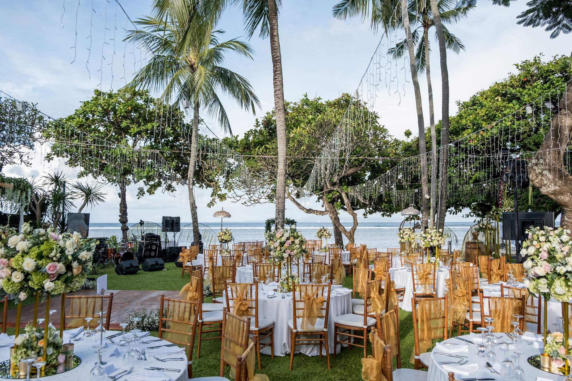 Wedding set up with ocean view. Tropical destination wedding concept